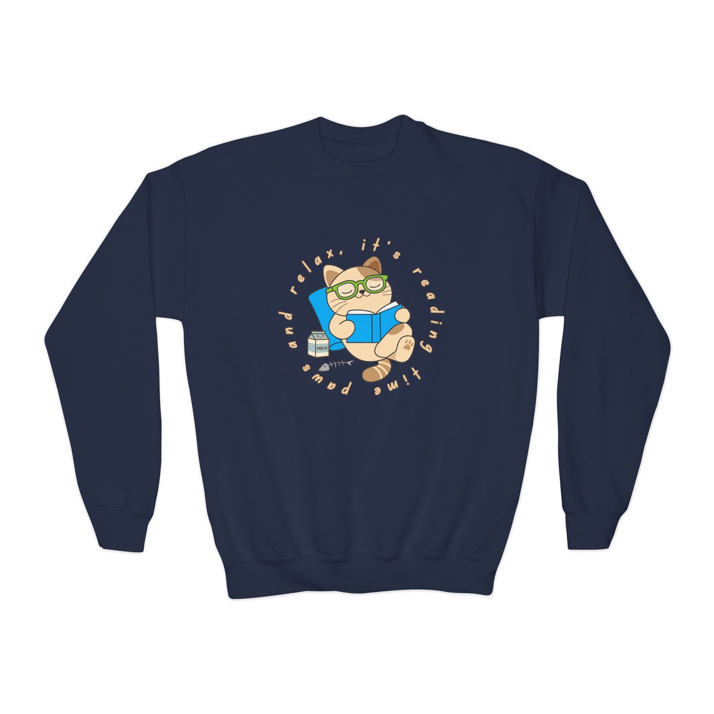 Navy blue sweatshirt with a cartoon cat reading a book, circled by text 'paws and relax, it's reading time'