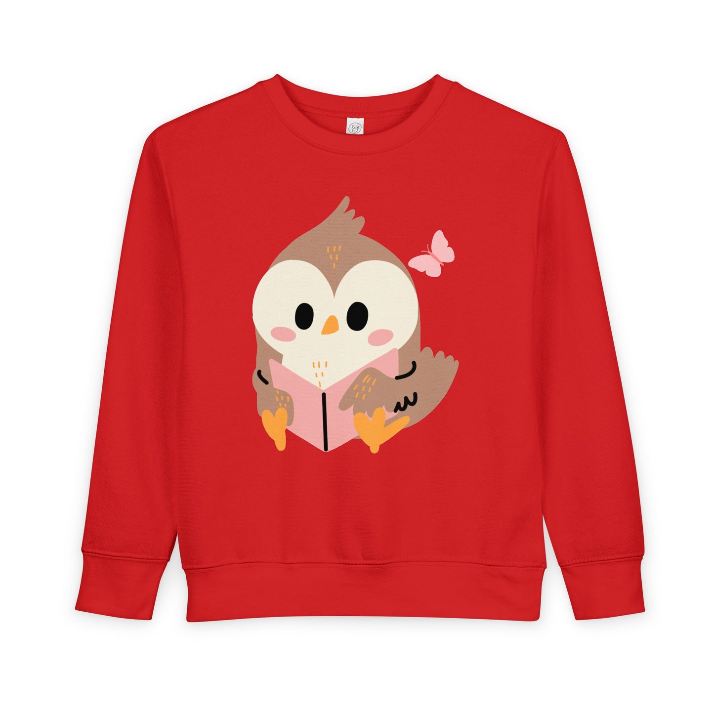 Red toddler sweatshirt with an owl design holding a book and a pink butter fly