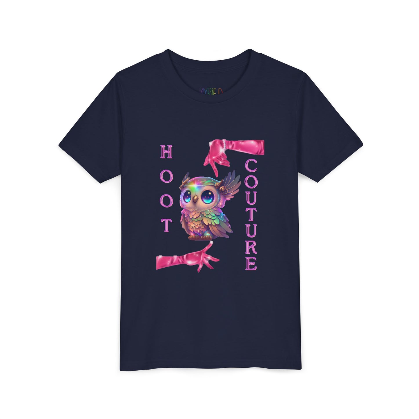 Navy t-shirt with colorful a fancy rainbow colored owl, fashion pink gloves and text 'HOOT COUTURE'
