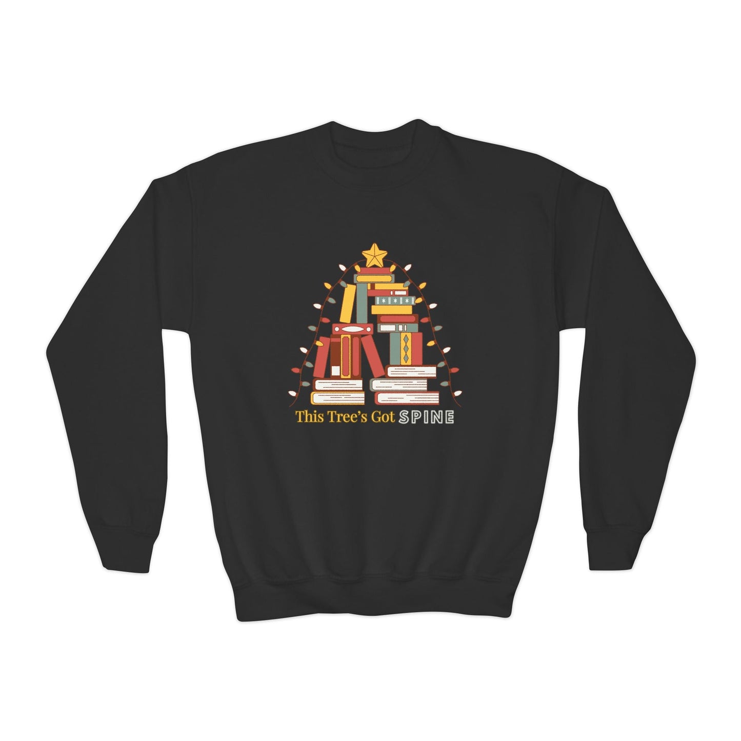 Youth This Tree’s Got Spine Sweatshirt – Bookish Holiday Tree Design Printify