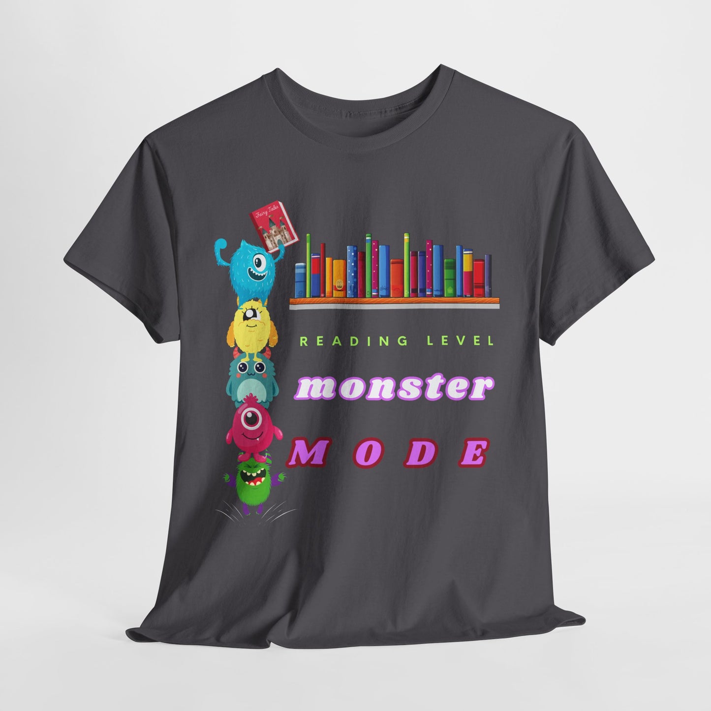 Teen/Adult Unisex “Reading Level: Monster Mode” Tee – Funny Stacked Monster Shirt for Relentless Readers