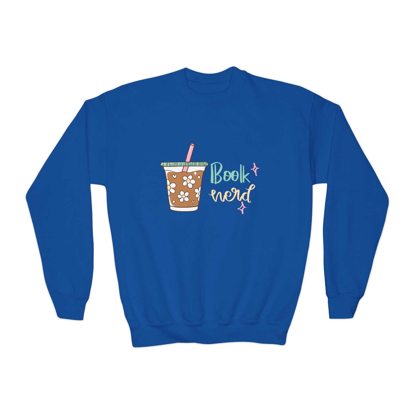 Blue sweatshirt with a iced coffee and 'Book Nerd' text