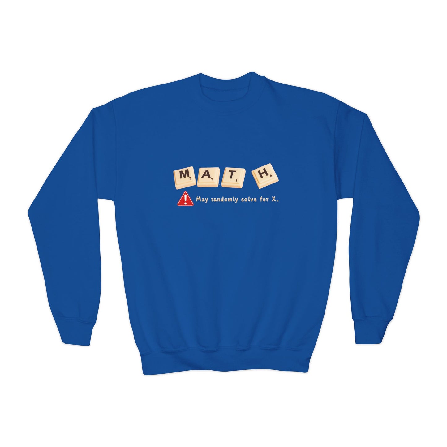 Blue sweatshirt with 'MATH' game tiles and text 'May randomly solve for x'