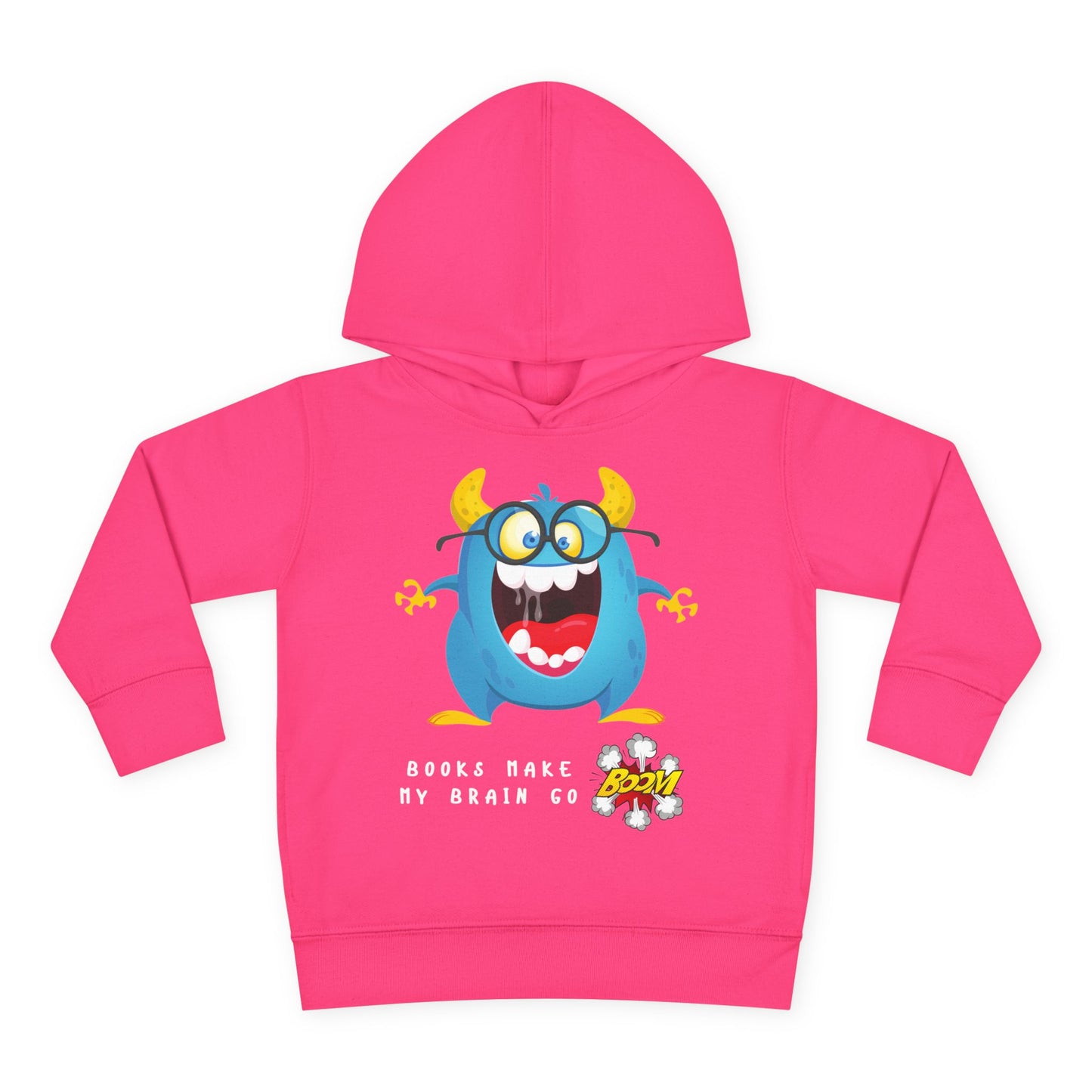 Pink hoodie with a blue and yellow cartoon monster, text 'books make my brain go boom'