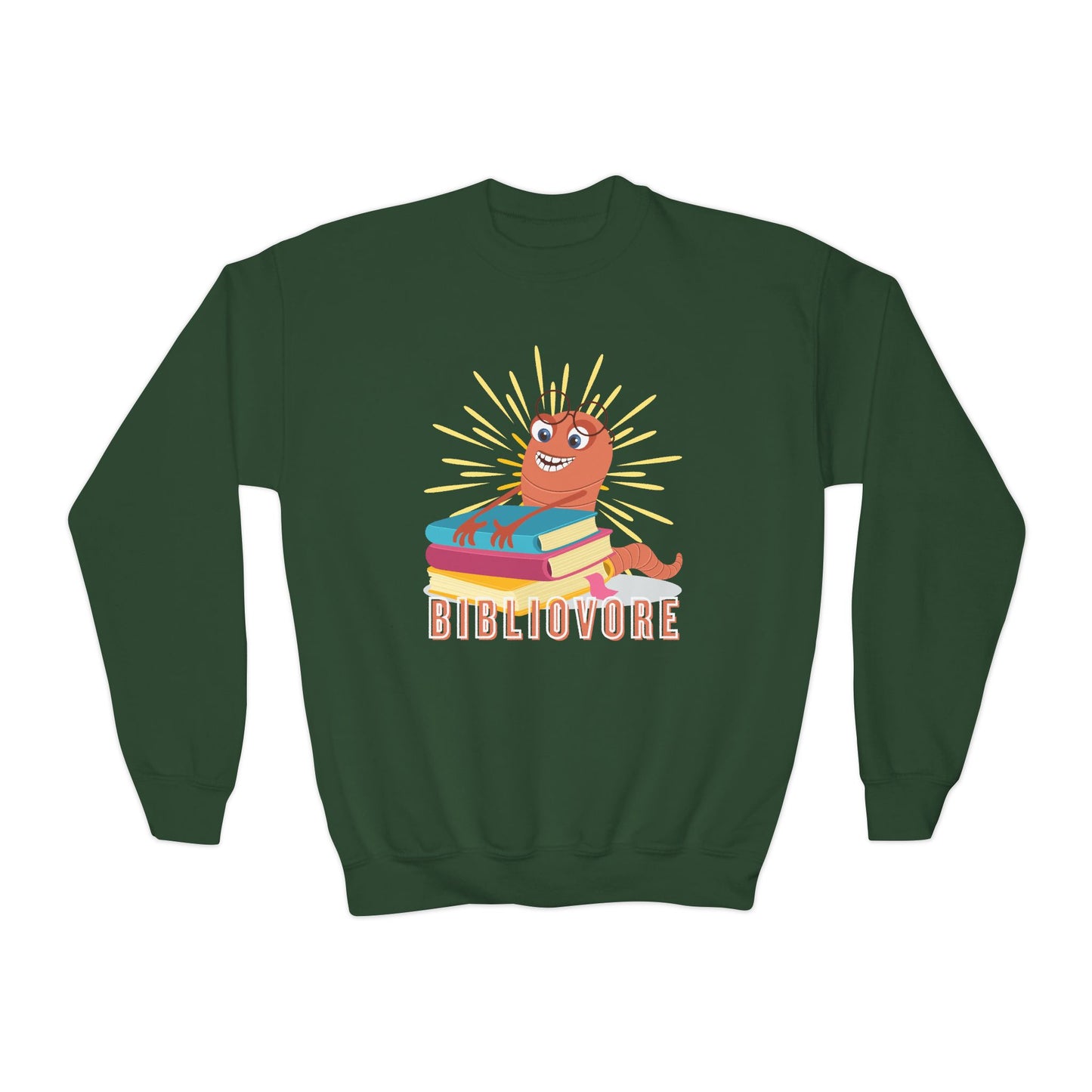 Dark green sweatshirt with a worm hugging a stack of books and text 'Bibliovore'