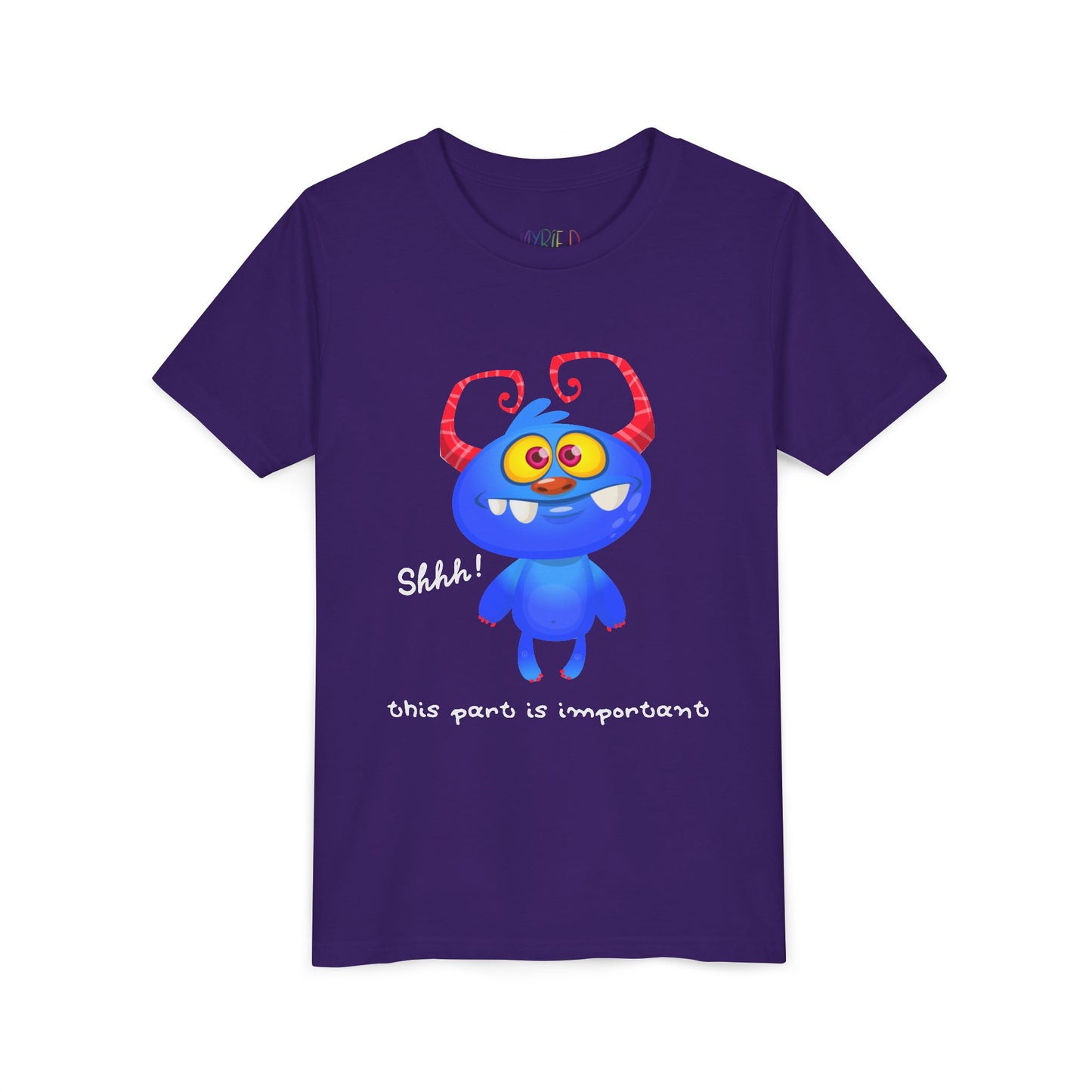 Purple t-shirt with a wide-eyed, gap toothed, blue cartoon monster and text 'Shhh! This part is important.'