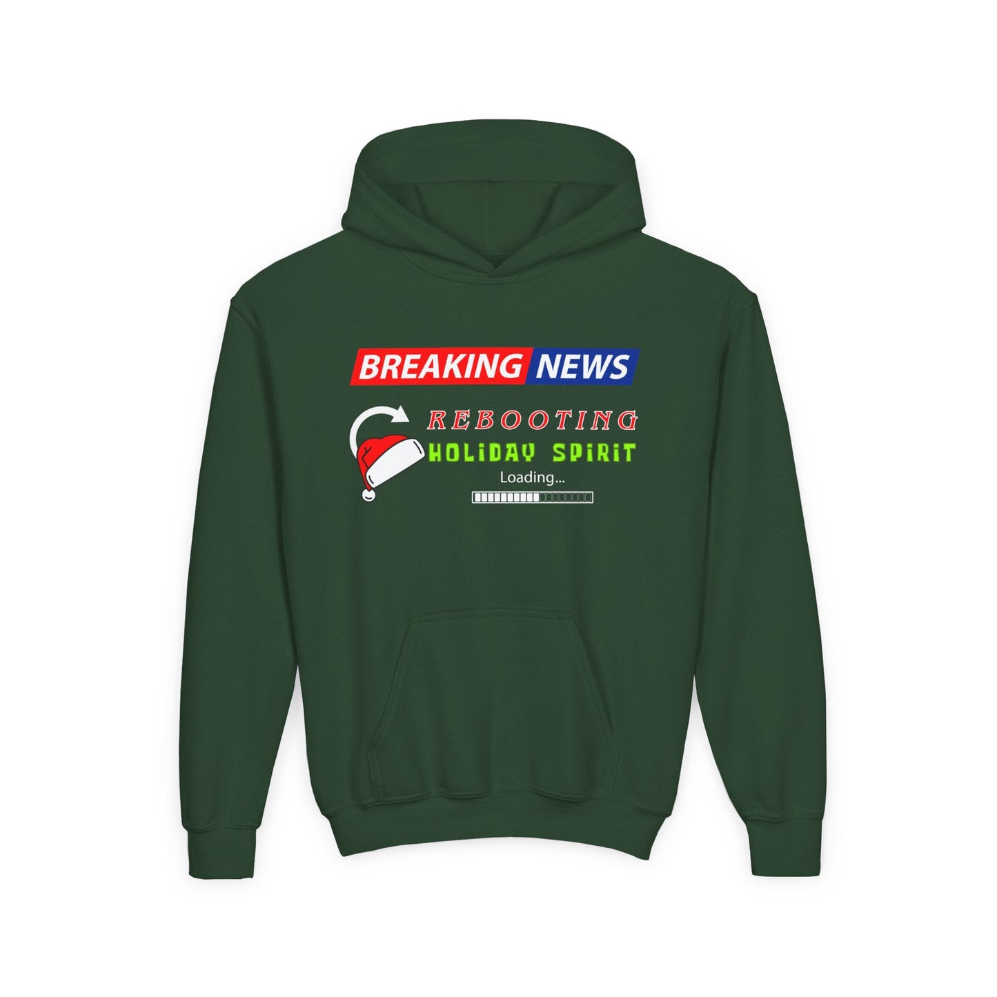Youth Breaking News Hoodie – Rebooting Holiday Spirit Design Printify