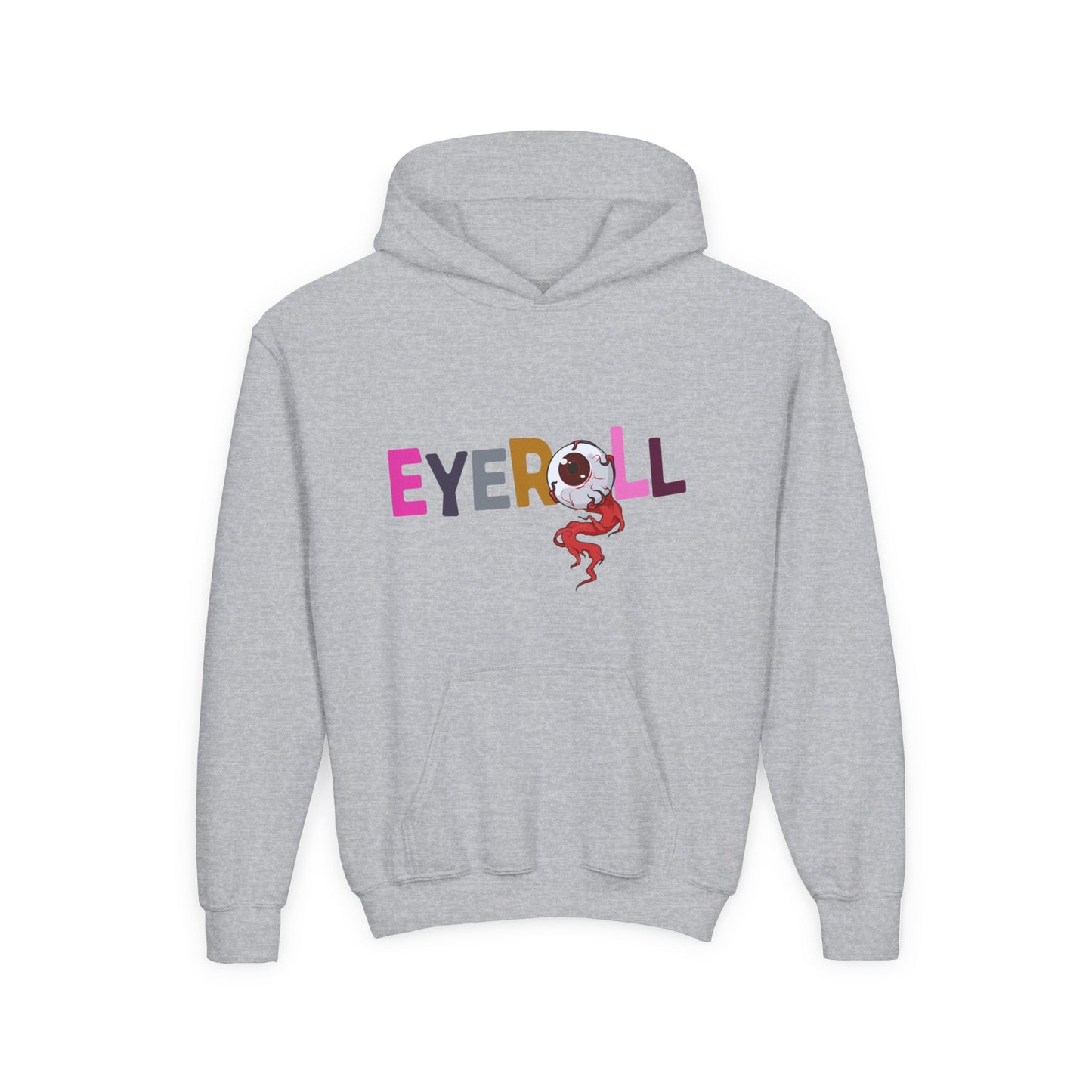 Gray hoodie with colorful 'EYEROLL' text and a graphic eyeball