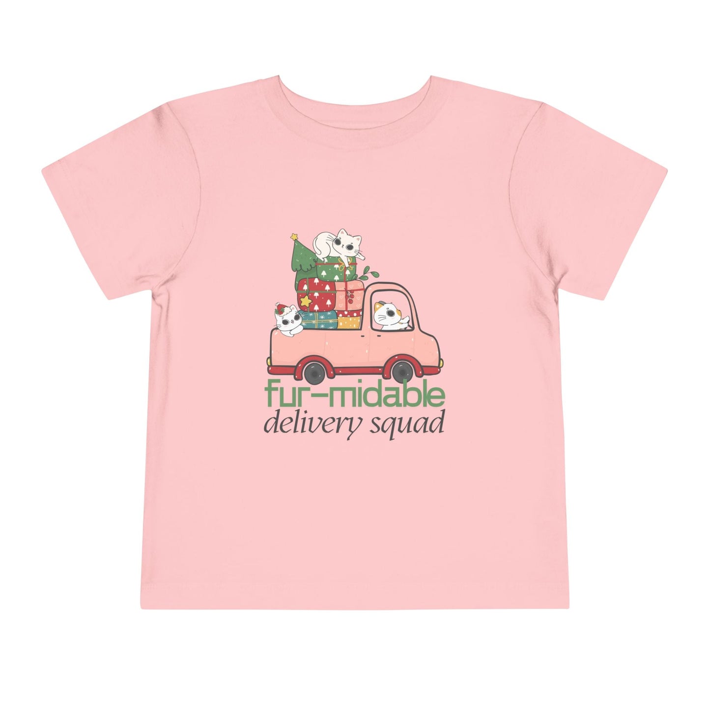 Pink toddler t-shirt with a festive pink truck full of kitties and presents, text 'fur-midable delivery squad'