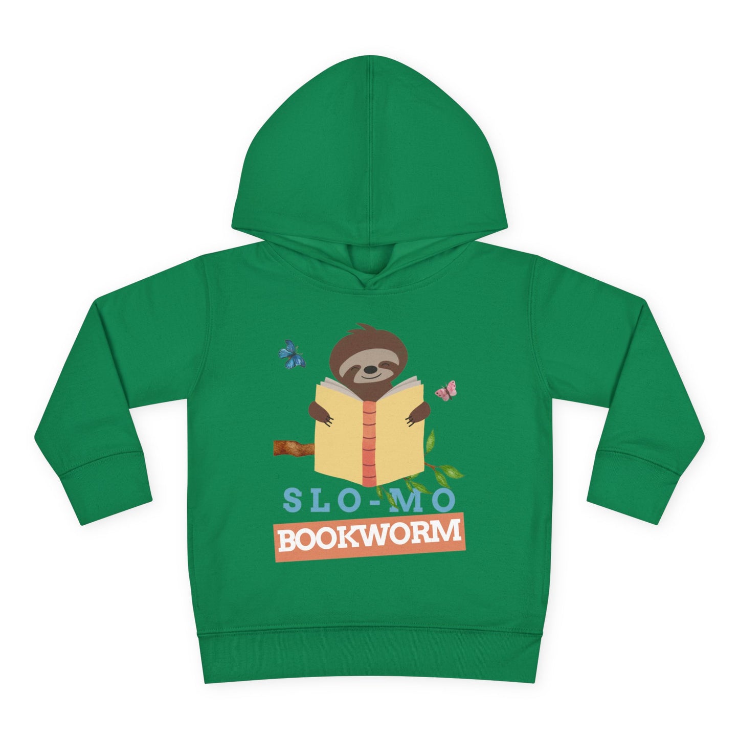 Green toddler hoodie with a sloth reading a book graphic and 'SloMo Bookworm' text
