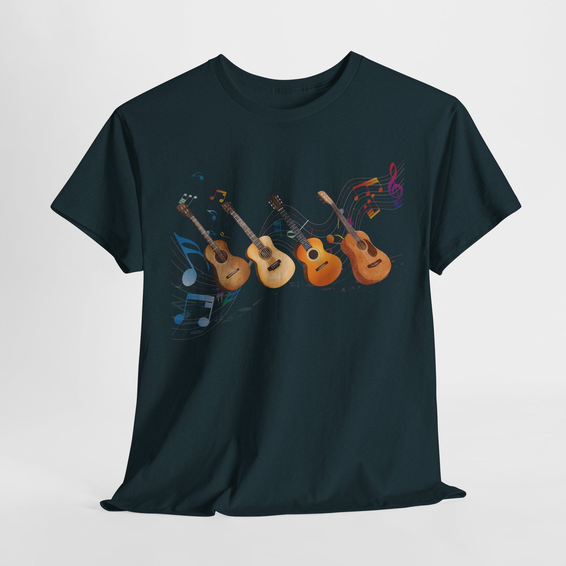 Dark t-shirt with multiple guitars and colorful music notes