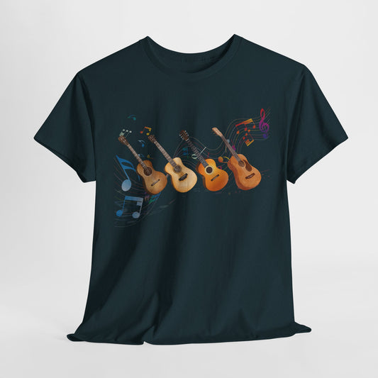Dark t-shirt with multiple guitars and colorful music notes