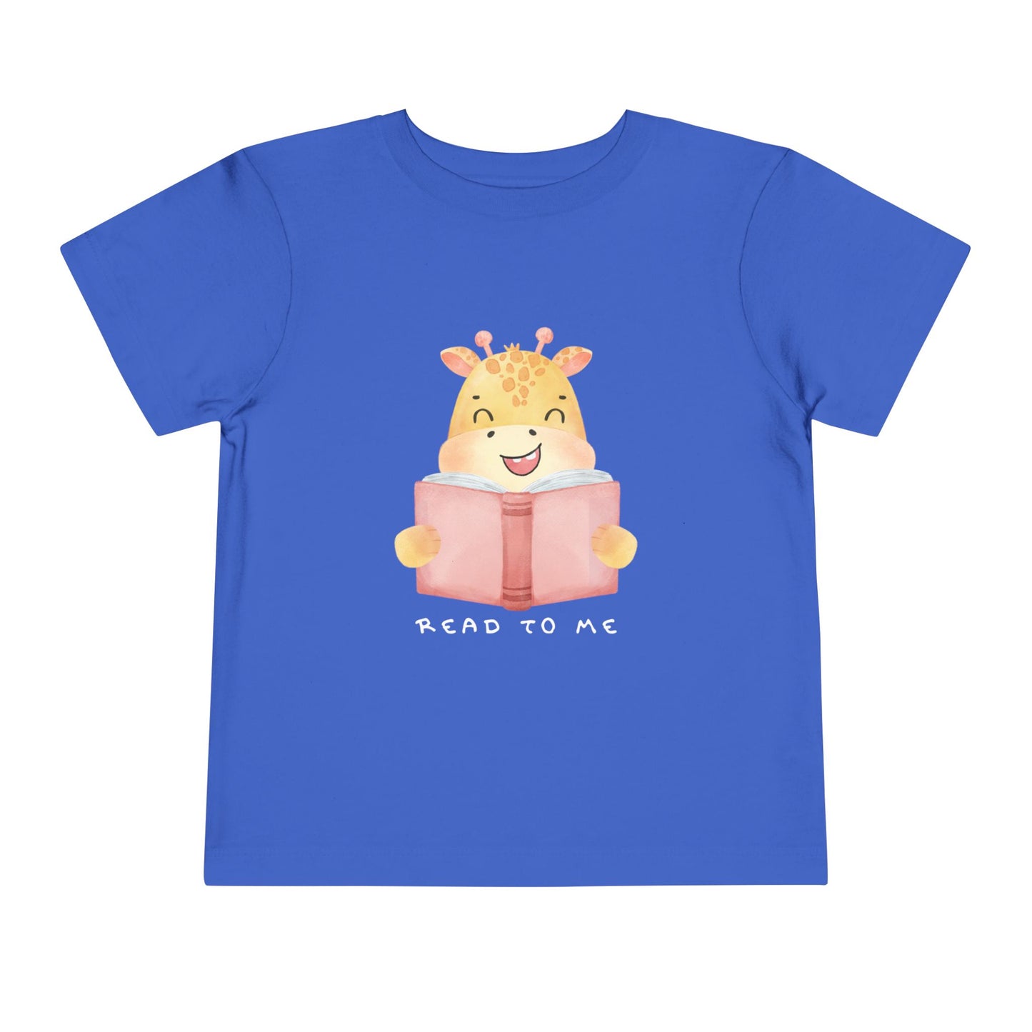 Blue toddler t-shirt with a giraffe reading a book graphic and 'Read to Me' text