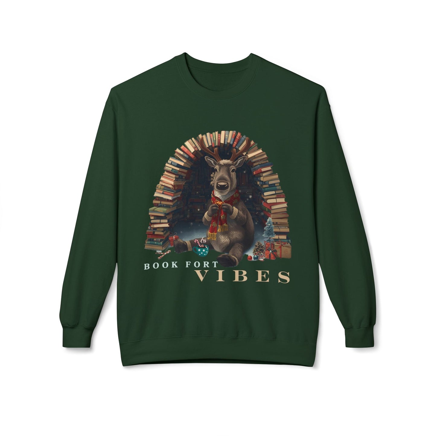 Teen/Adult Unisex Book Fort Vibes Sweatshirt – Cozy Reindeer Reading Nook Holiday Design Printify