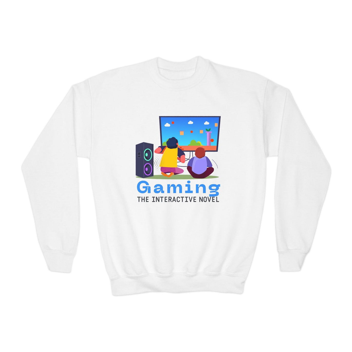 White sweatshirt with colorful gaming graphic and text 'Gaming The Interactive Novel'