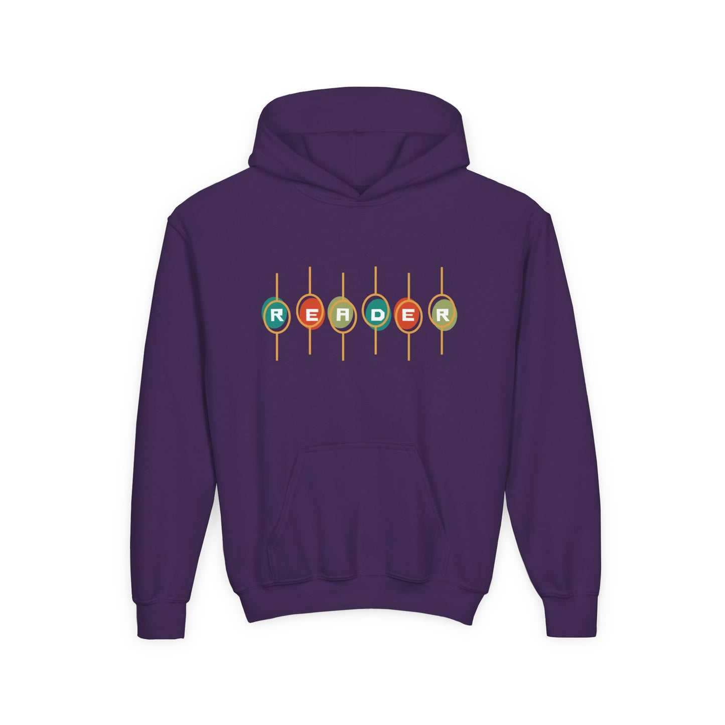 Purple hoodie with colorful retro 'READER' design