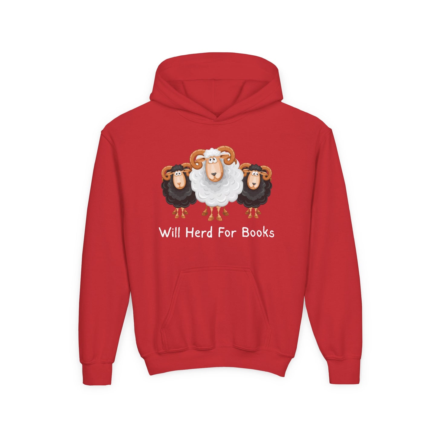 Red hoodie with cartoon sheep looking sheepish and text 'Will Herd For Books'