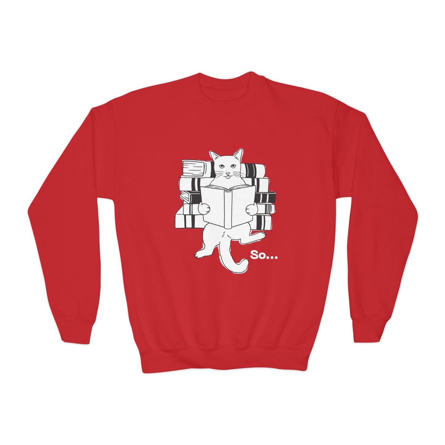 Red sweatshirt with a graphic of a cat reading a book and a stack of books, with 'So...' text.