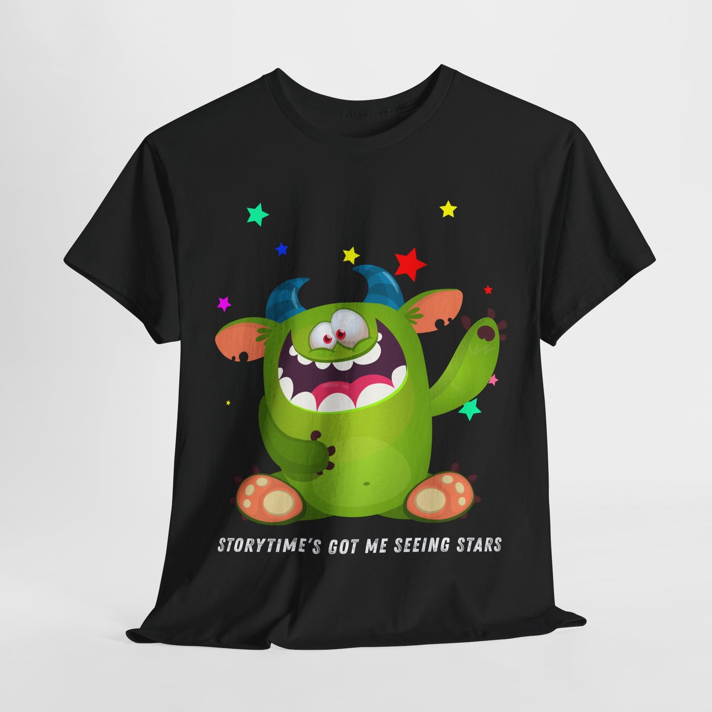 Teen/Adult Unisex Storytime’s Got Me Seeing Stars – Playful Monster Reading Tee