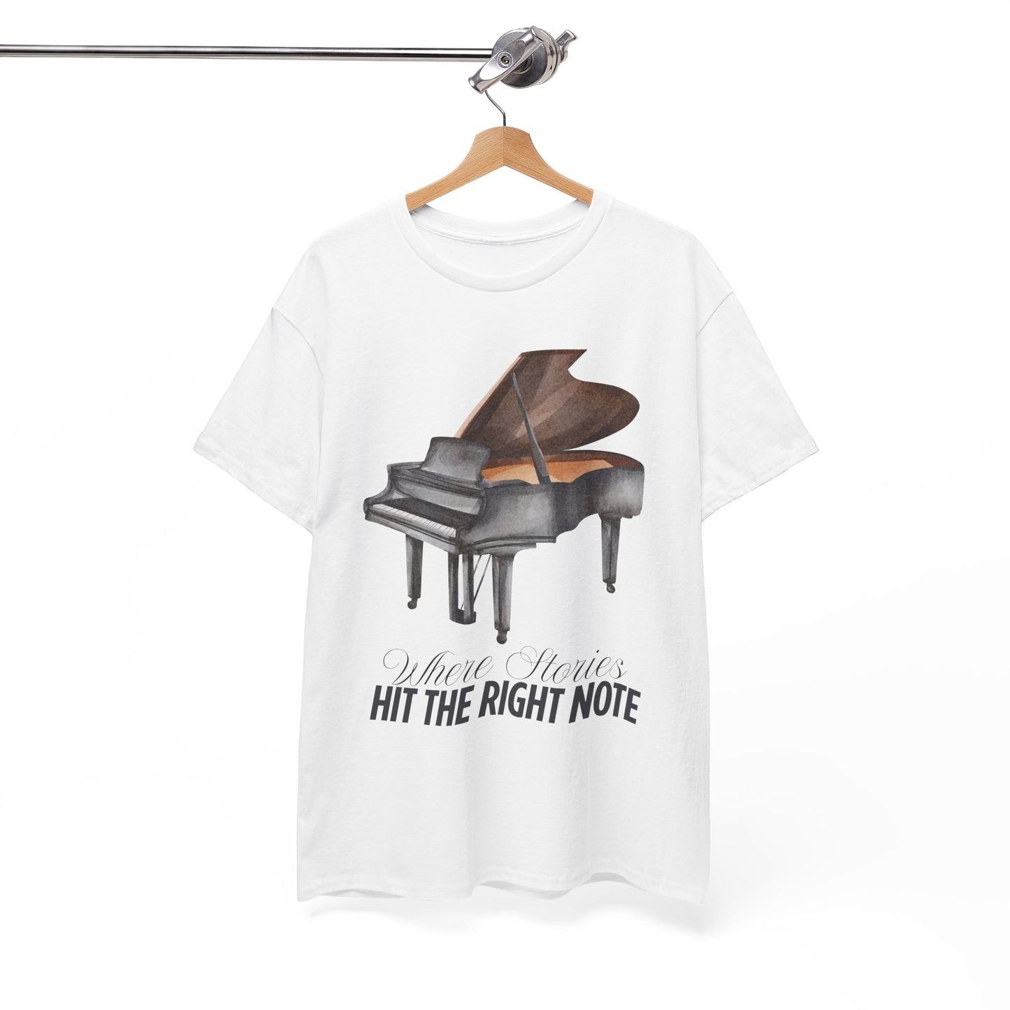White t-shirt with a piano graphic and text 'Where Stories Hi The Right Note'
