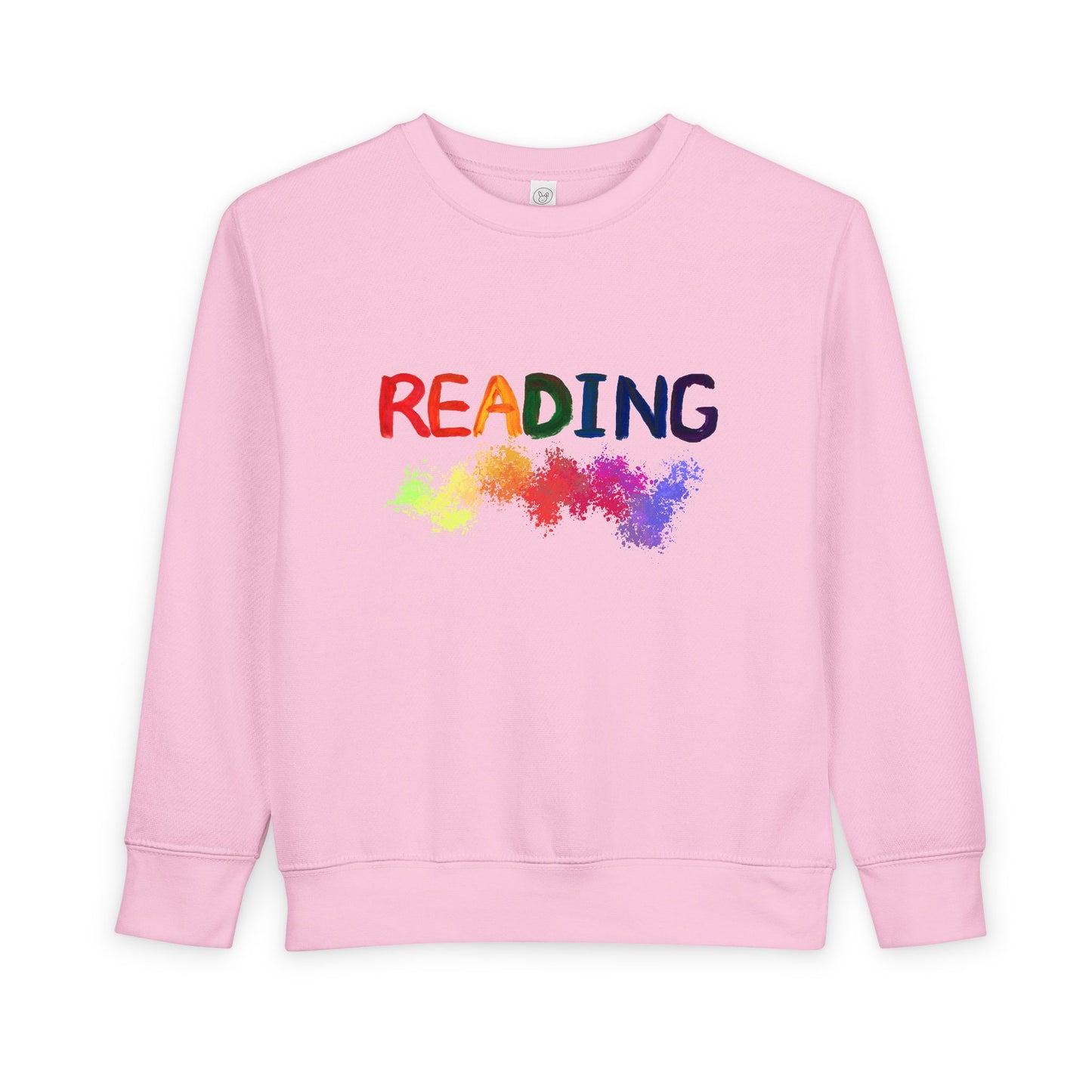 Pink toddler sweatshirt with 'READING' in colorful finger painted letters and paint splatter
