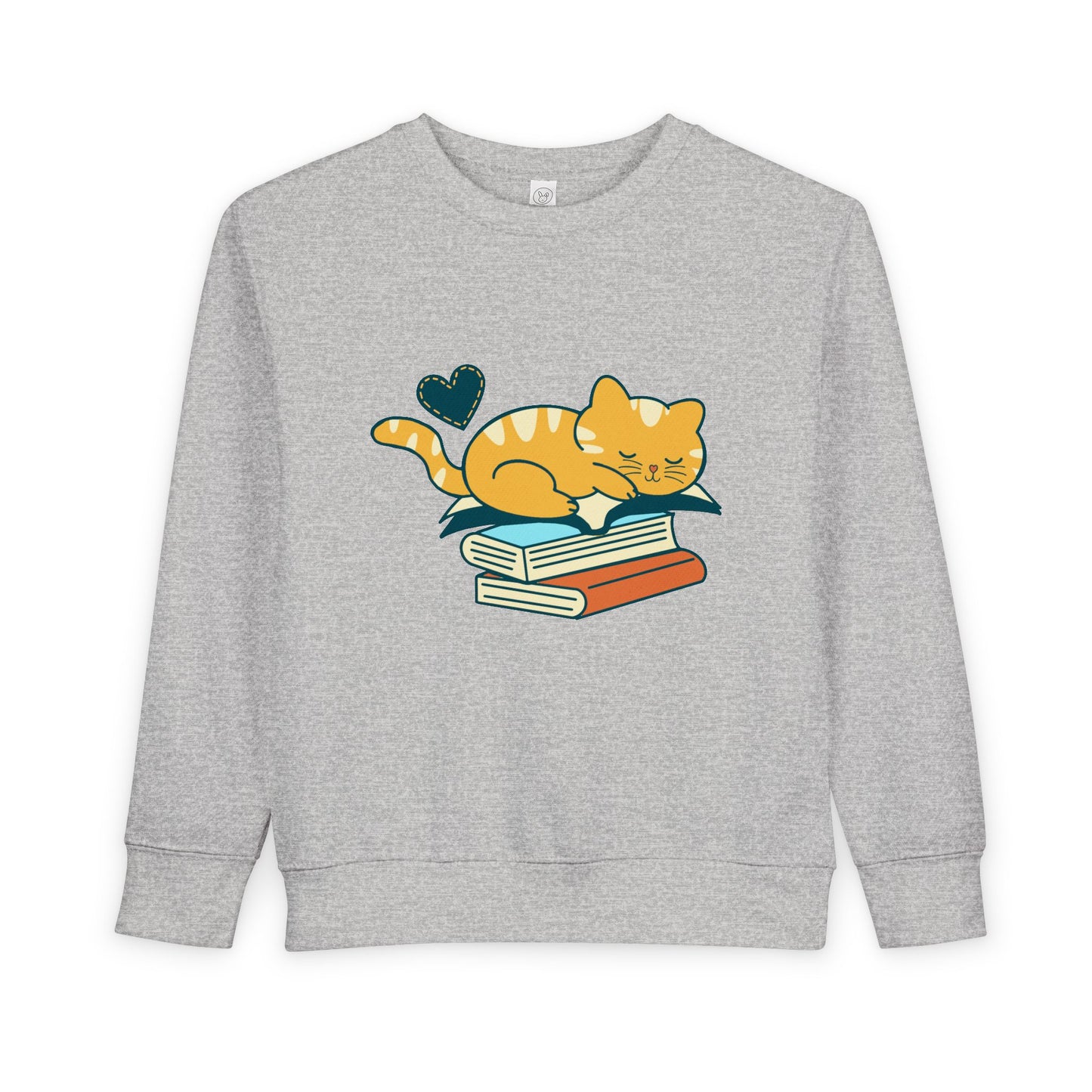 Gray toddler sweatshirt with a cat and snoozing on a stack of books
