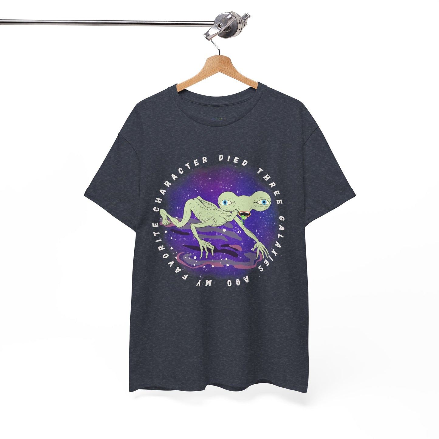 Heather navy t-shirt with sickly alien crawling on it's knees and text 'My Favorite Character Died Three Galaxies Ago'