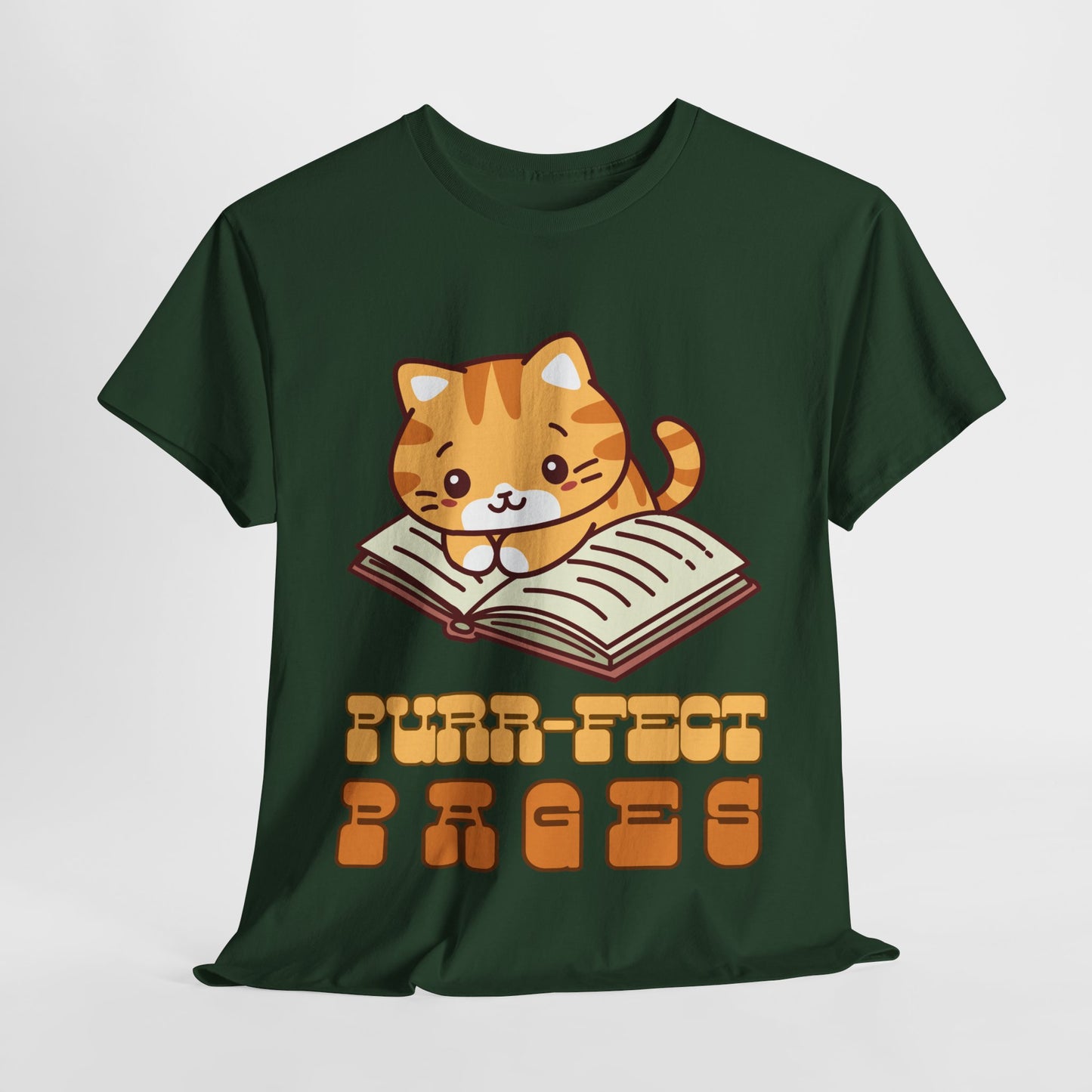 Teen/Adult Unisex “Purr-fect Pages” Cat Lover Reading Tee – Cute Bookish Cat Shirt