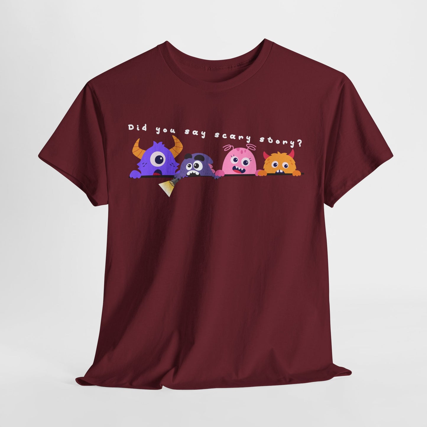 Teen/Adult Unisex “Did You Say Scary Story?” Tee – Creepy-Cute Read-Aloud Shirt for Bookworms & Storytellers