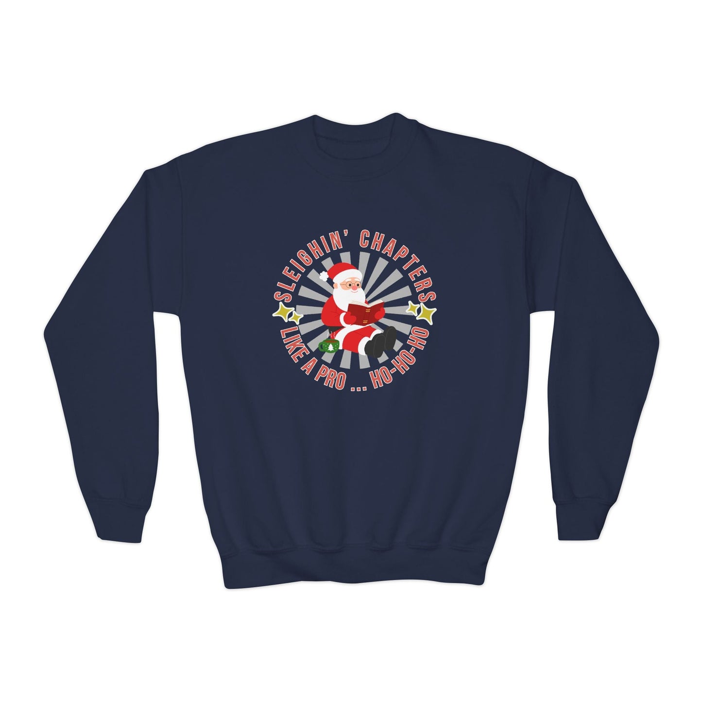 Youth Sleighin’ Chapters Sweatshirt – Santa Reading Holiday Design Printify
