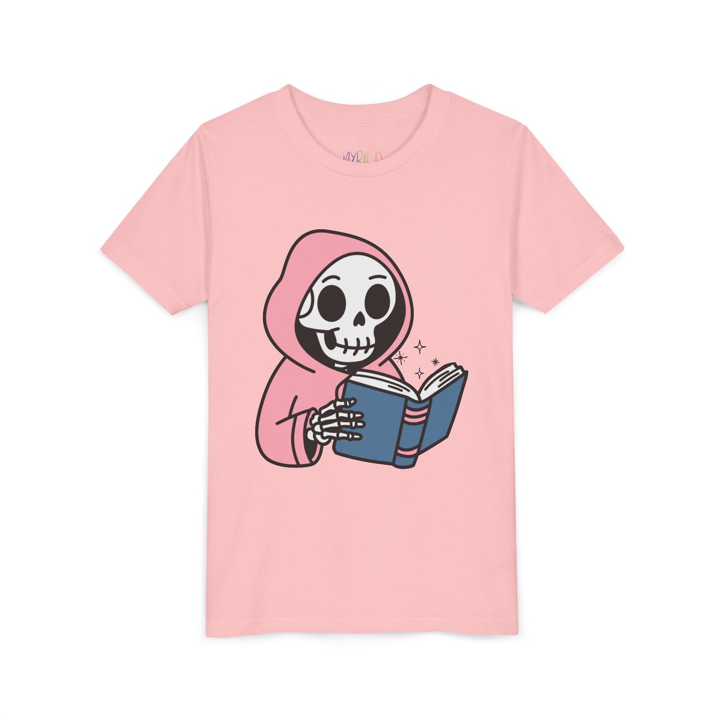 Youth Spooky Storytime Tee โ Cute Skeleton Reader Halloween Shirt