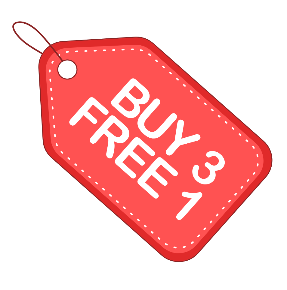 Red sale tag with 'BUY 3 FREE 1' text on a white background