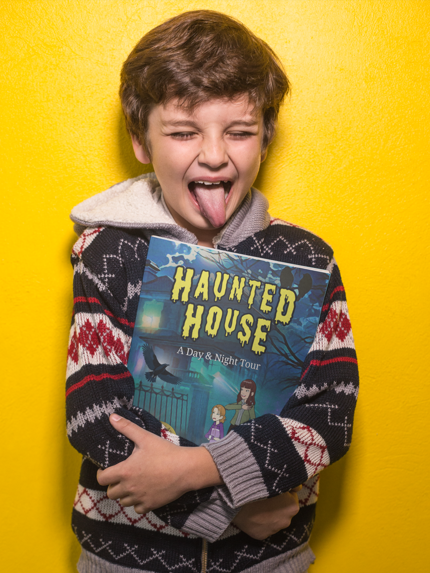 Child holding the Haunted House A Day & Night Tour picture book and playfully reacting while exploring a not-too-scary story about facing fears