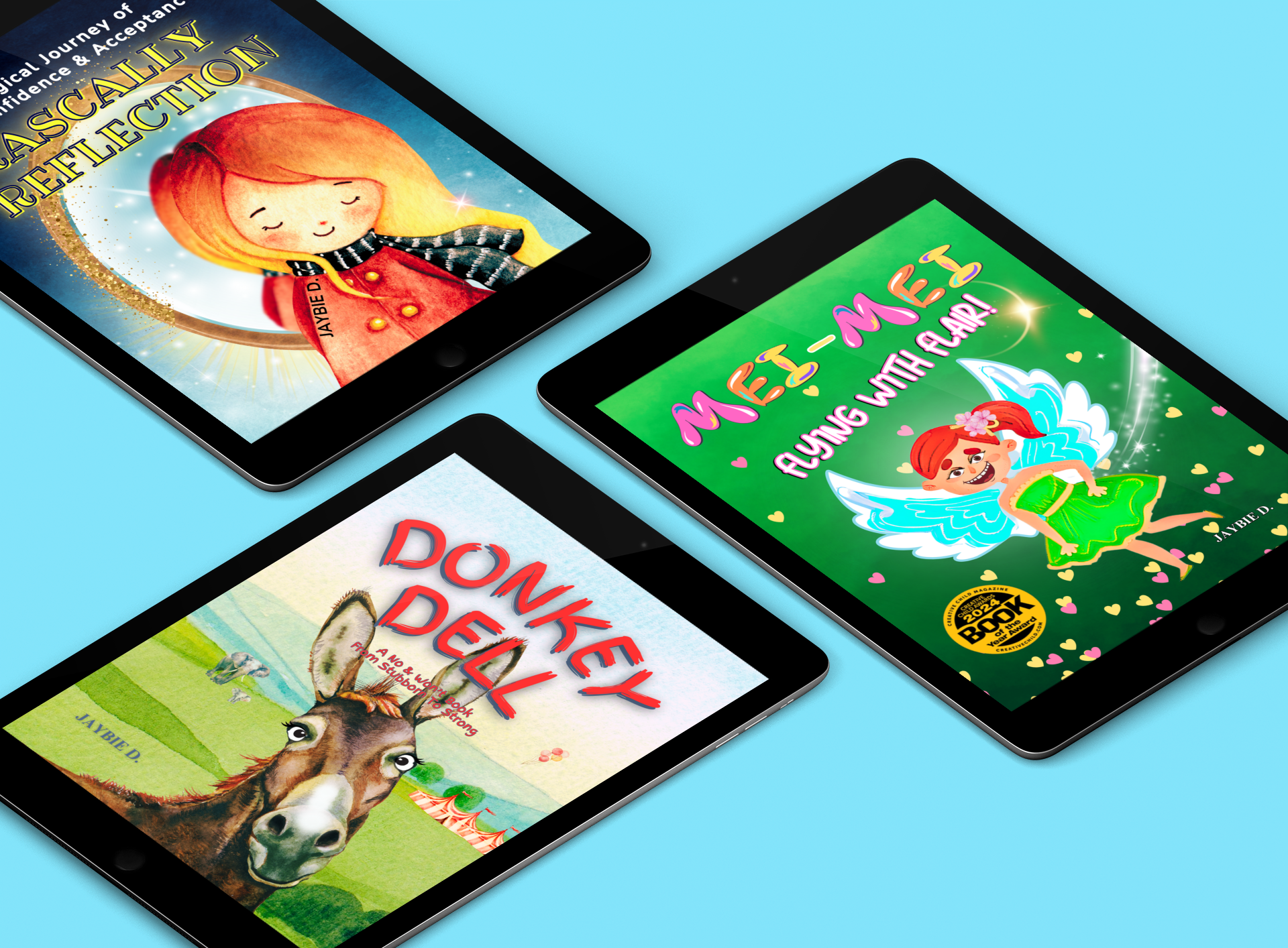 Three tablets displaying children's picture books by Jaybie D. on a blue background.