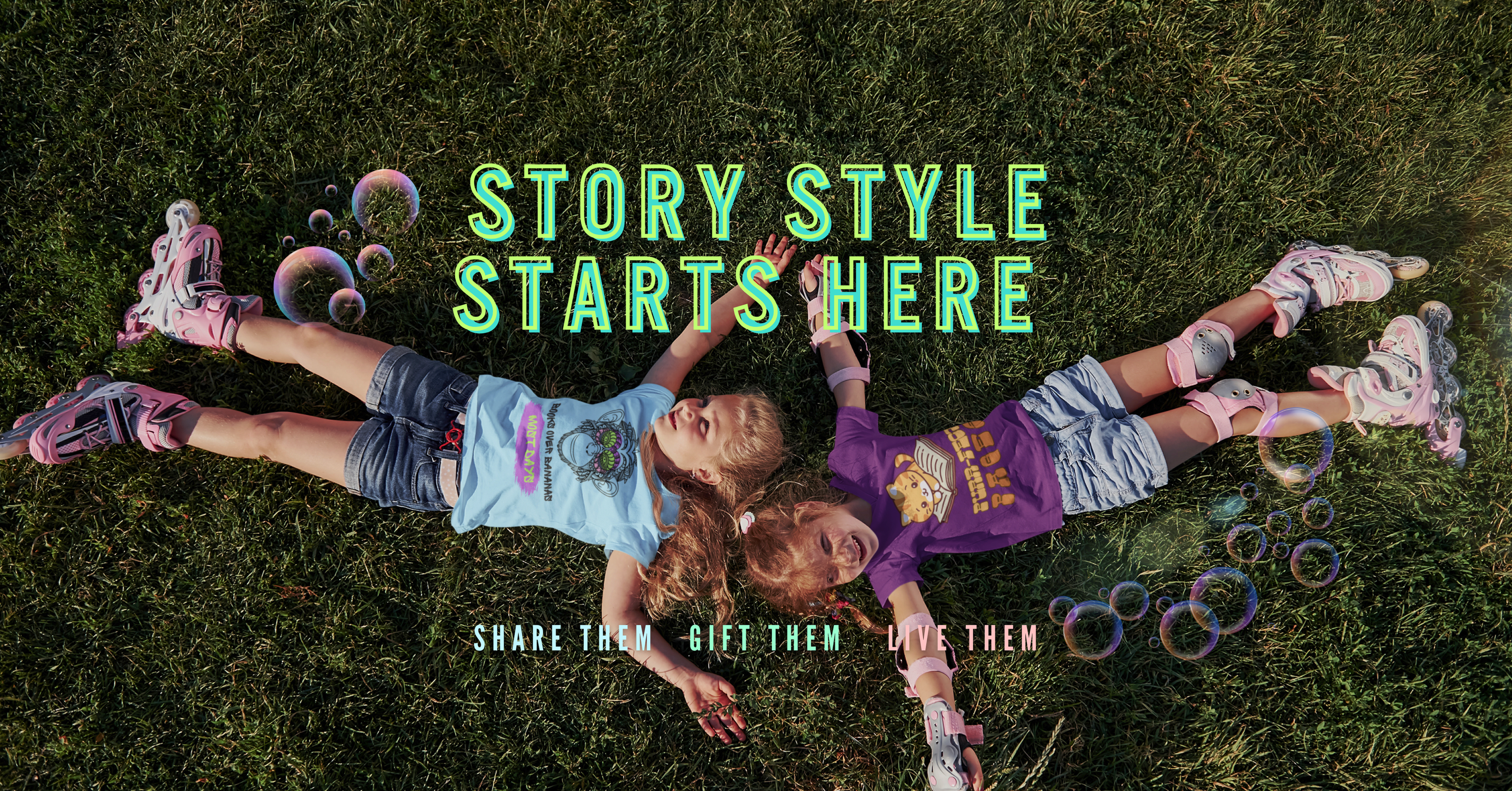 Image of two girls wearing rollerblades, laying in the grass and wearing bookish theme shirts by Jaybie D.