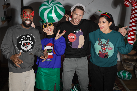 Group of friends wearing bookish Christmas themed sweatshirts at a party