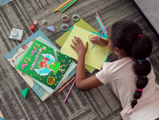 Girl laying on the ground with a picture book and crafting supplies.