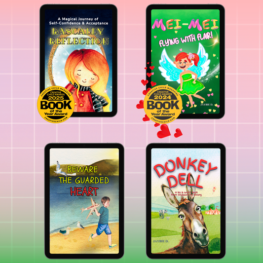 Image of four SEL (Social, Emotional, Learning) books by Jaybie D. Rascally Reflection, Mei-Mei Flying With Flair, Beware The Guarded Heart and Donkey Dell
