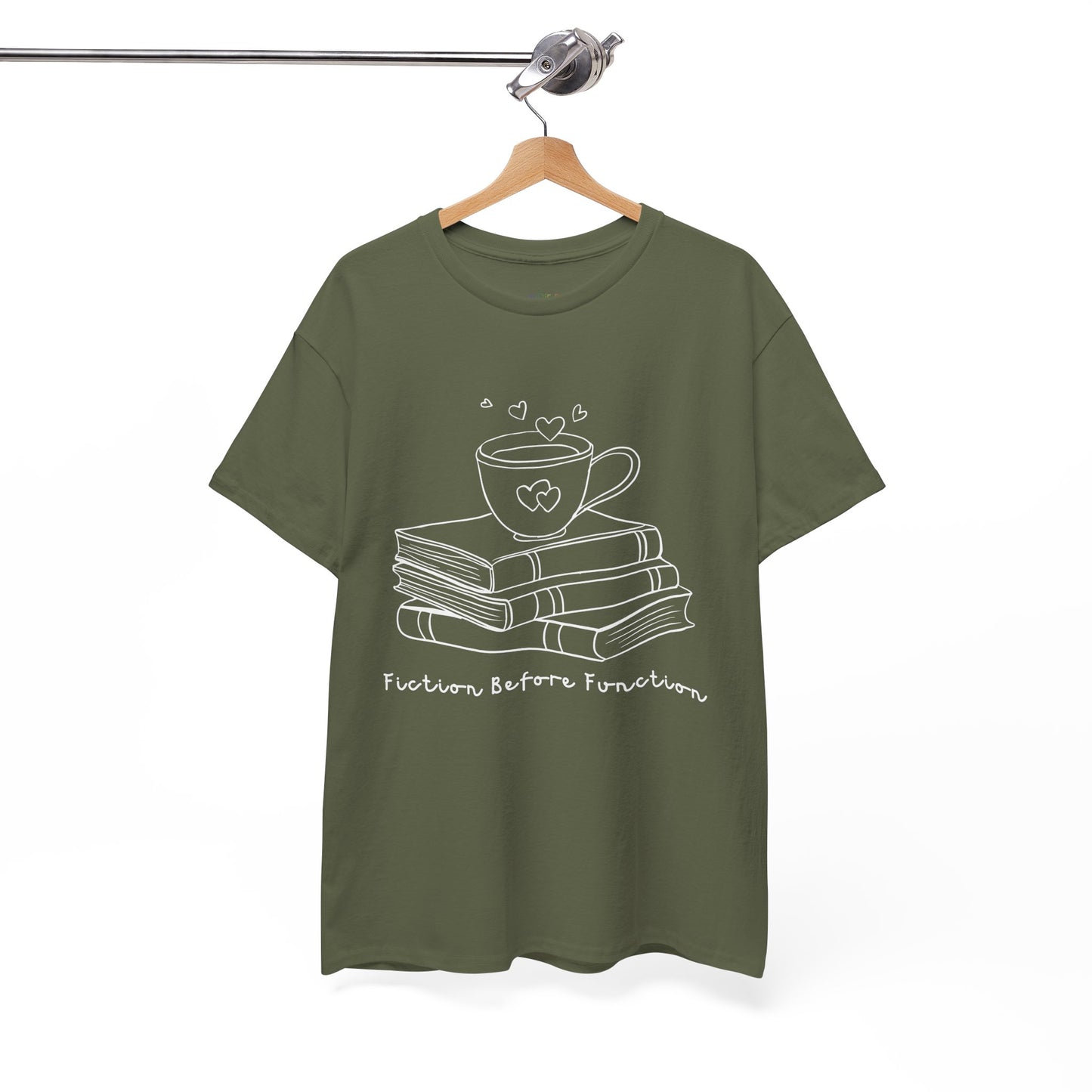 Army green t-shirt with white graphic design of hot beverage and a stack of books, text 'Fiction Before Function' 