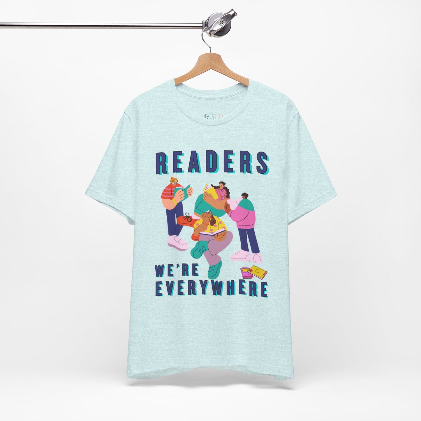 Light ice blue t-shirt with colorful modern shaped people reading books and text 'READERS WE'RE EVERYWHERE' 