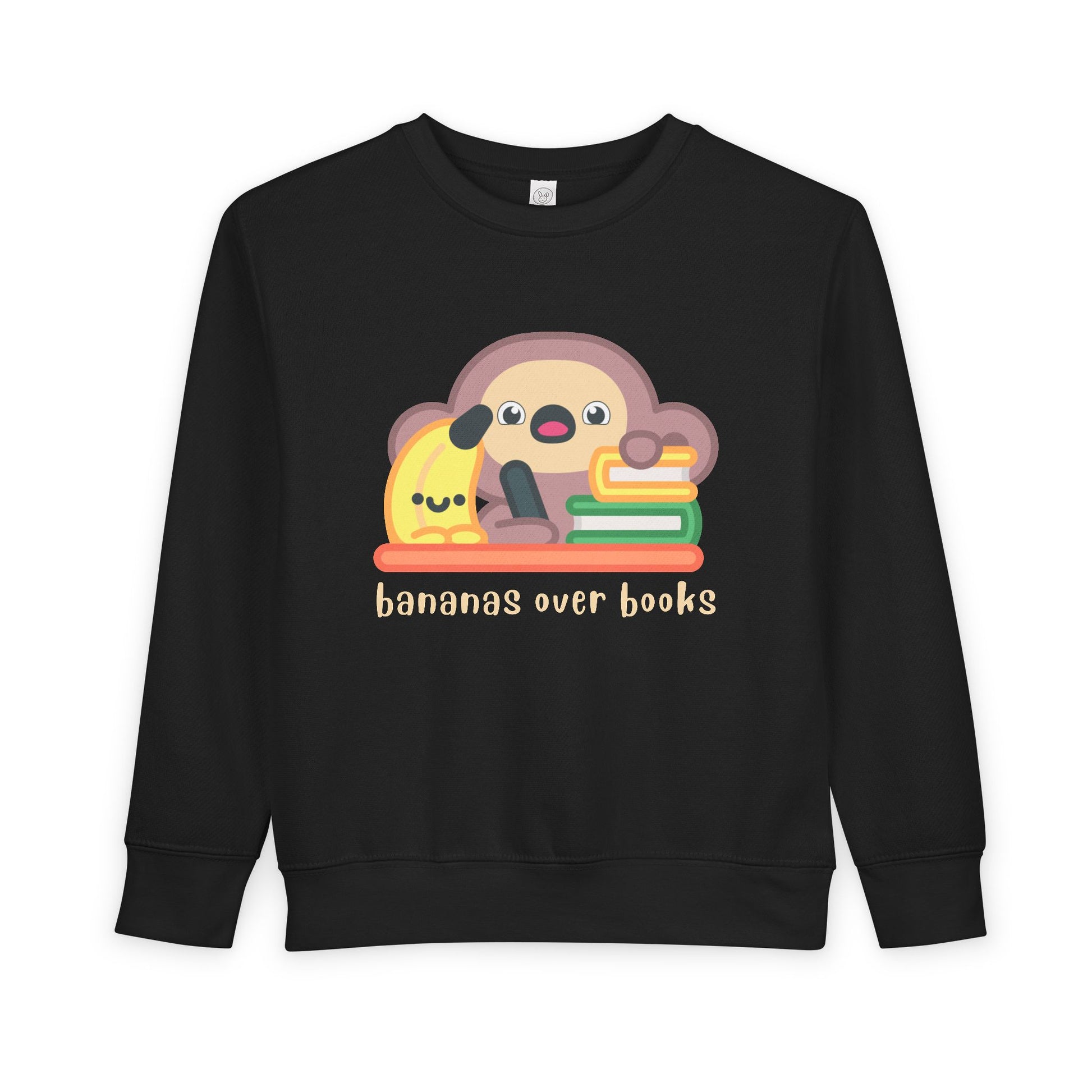 Black toddler sweatshirt with a cartoon monkey and banana writing desk design 