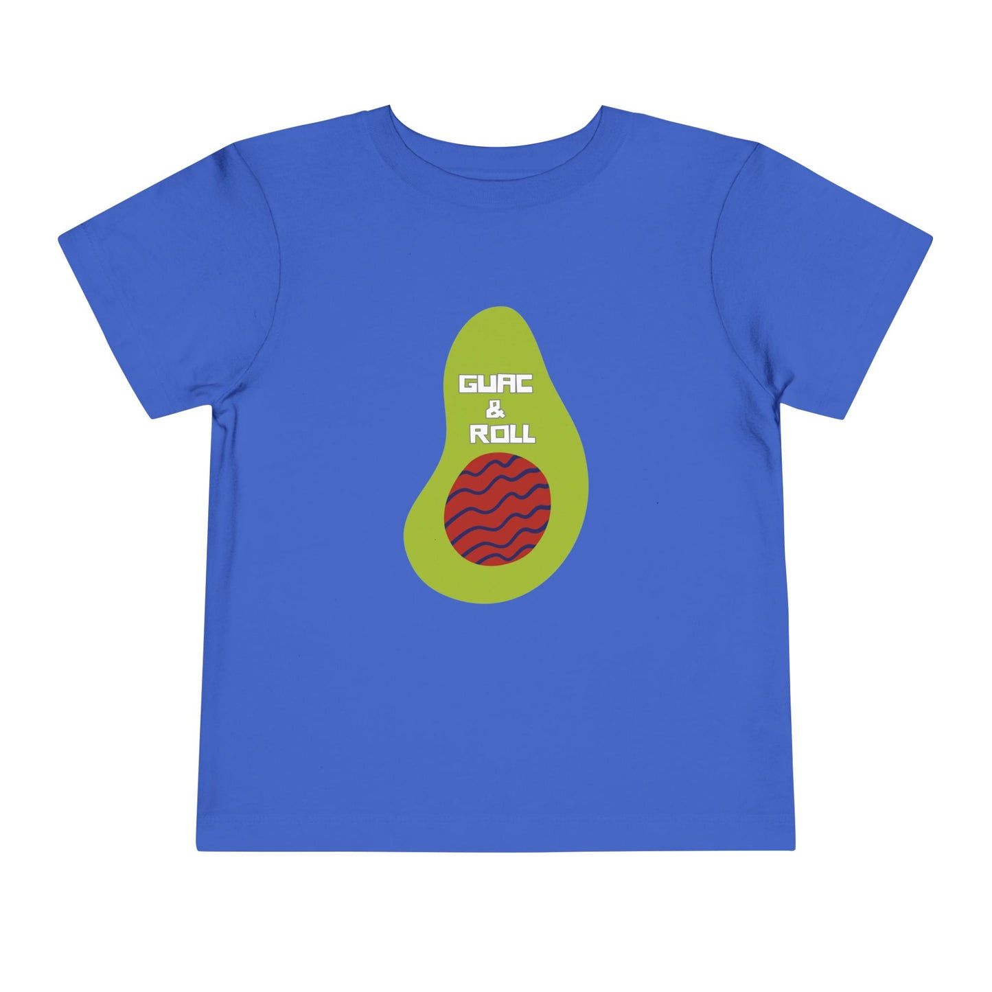 Blue t-shirt with avocado graphic and 'Guac & Roll' text 
