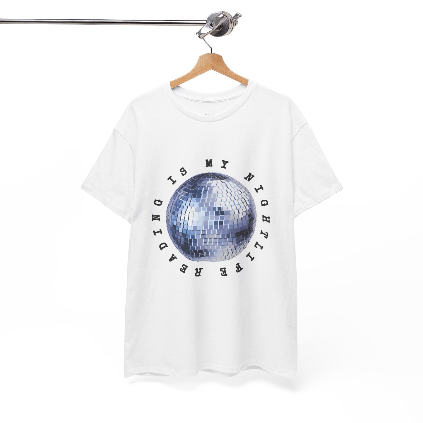 White t-shirt with a disco ball graphic and text 'Reading Is My NightLife'