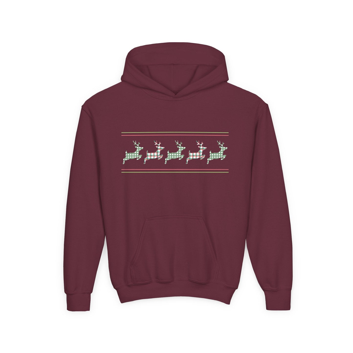 Youth Plaid Reindeer Parade Hoodie â€“ Classic Holiday Pattern Printify