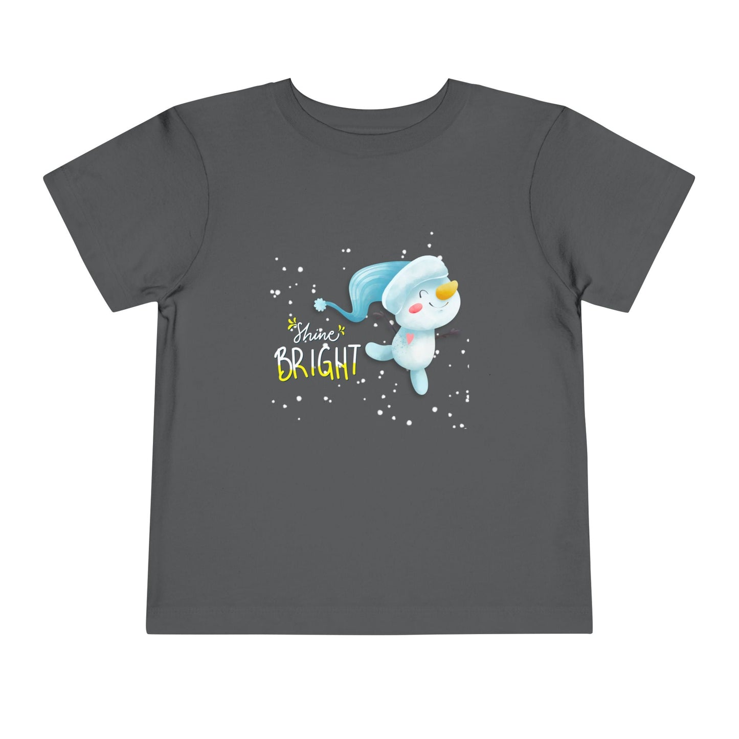 Gray toddler t-shirt with a swirling snowman graphic and 'Shine Bright' text on a white background