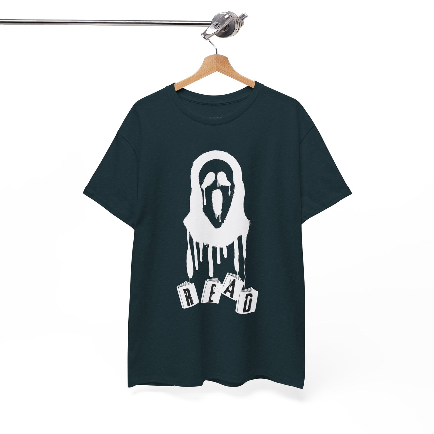 Midnight t-shirt with a white graphic of the scream mask with dangling books that spell out 'READ' on a hanger against a white background