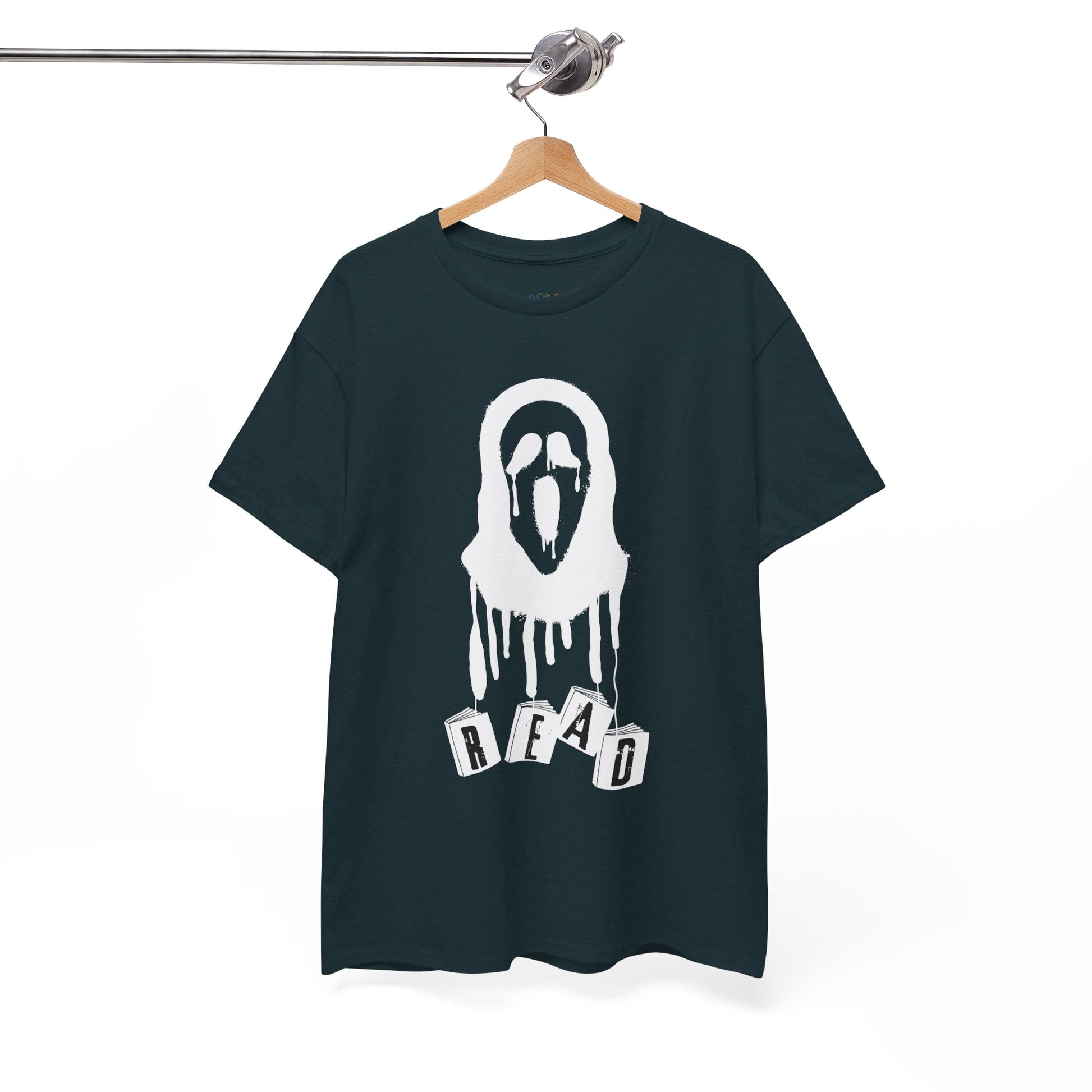 Midnight t-shirt with a white graphic of the scream mask with dangling books that spell out 'READ' on a hanger against a white background