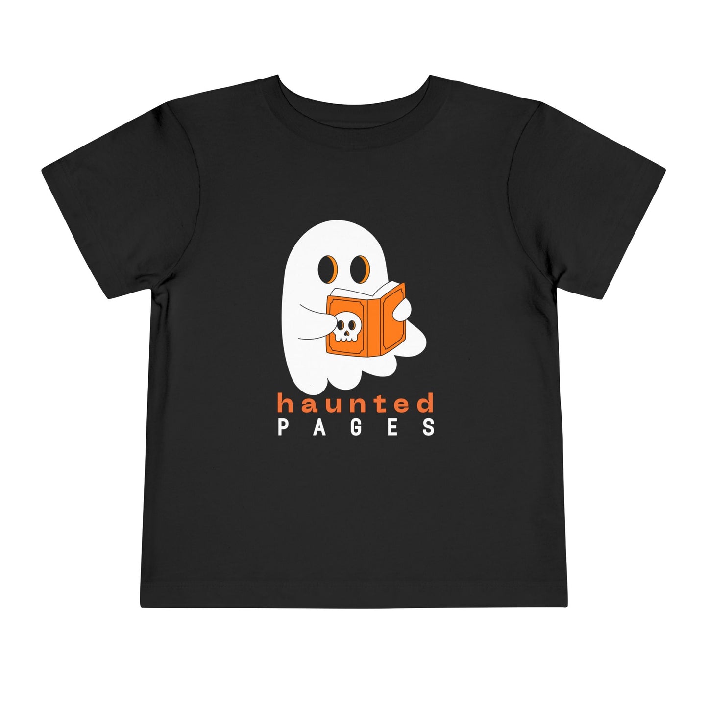 Black toddler t-shirt with a ghost reading a scary book and 'haunted pages' text on a white background