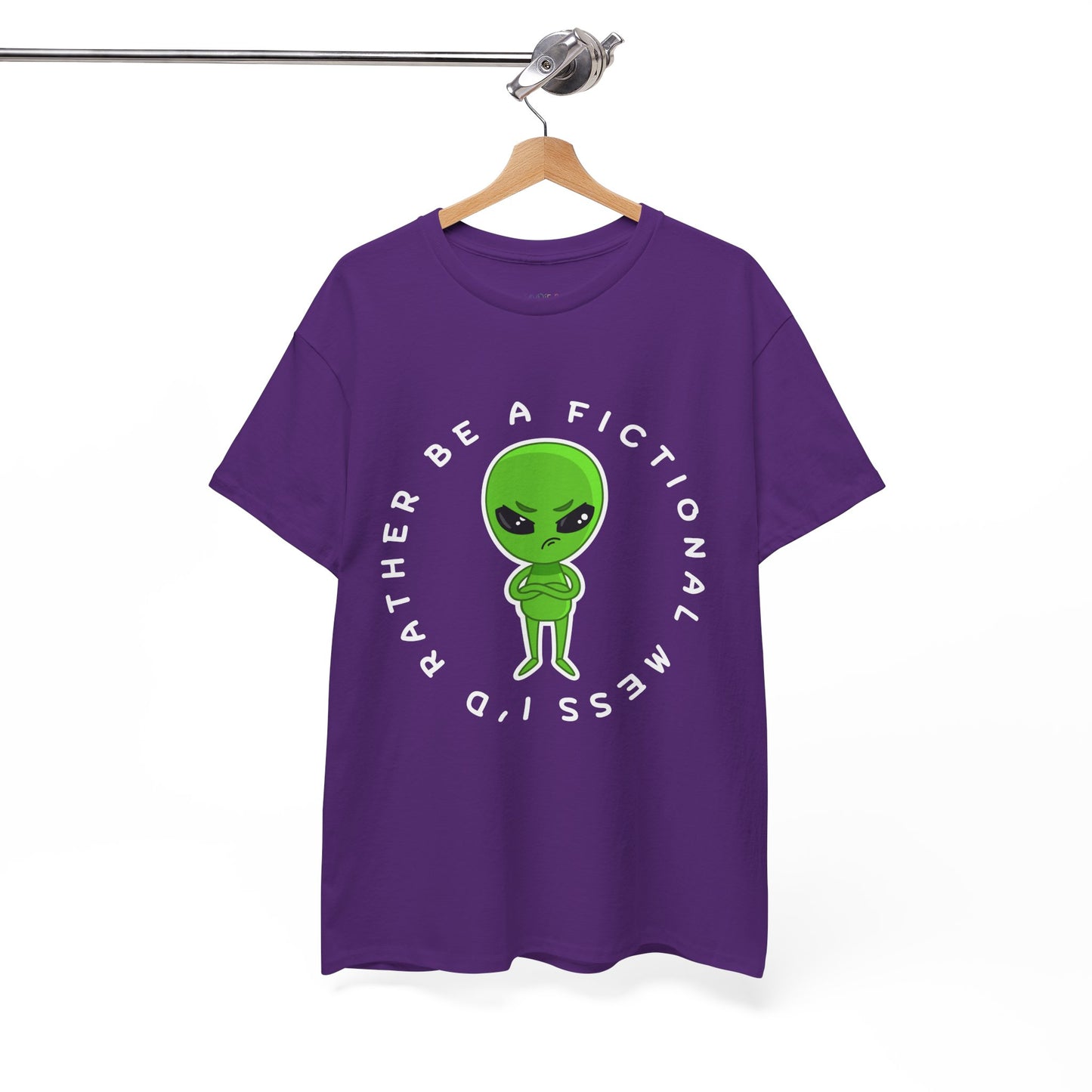 Purple t-shirt with a grumpy faced, cross armed green alien, and text 'I'd Rather Be A Fictional Mess'
