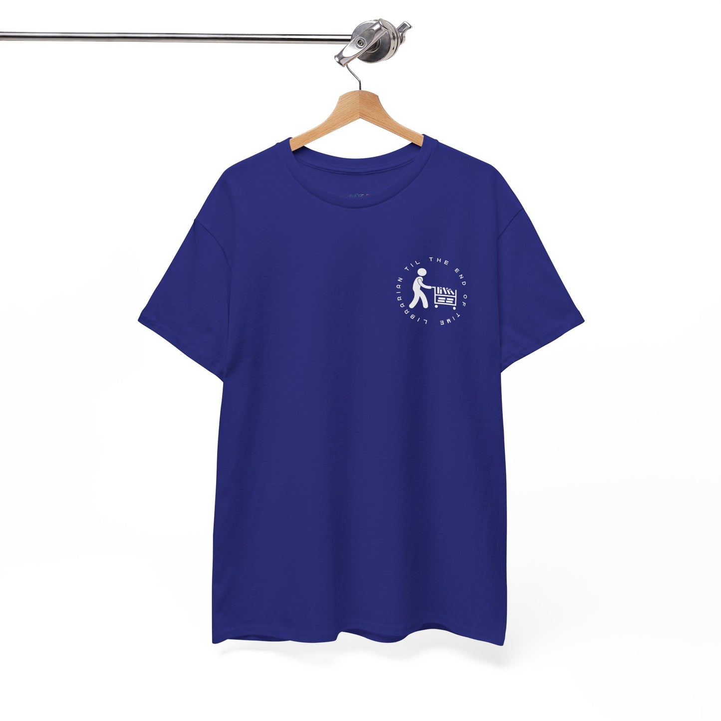 Blue dual-sided t-shirt with a small librarian pushing a cart on the front and a full size bookshelf with a zombie hand reaching up on the back, text 'Late Fees Can't Stop Me'